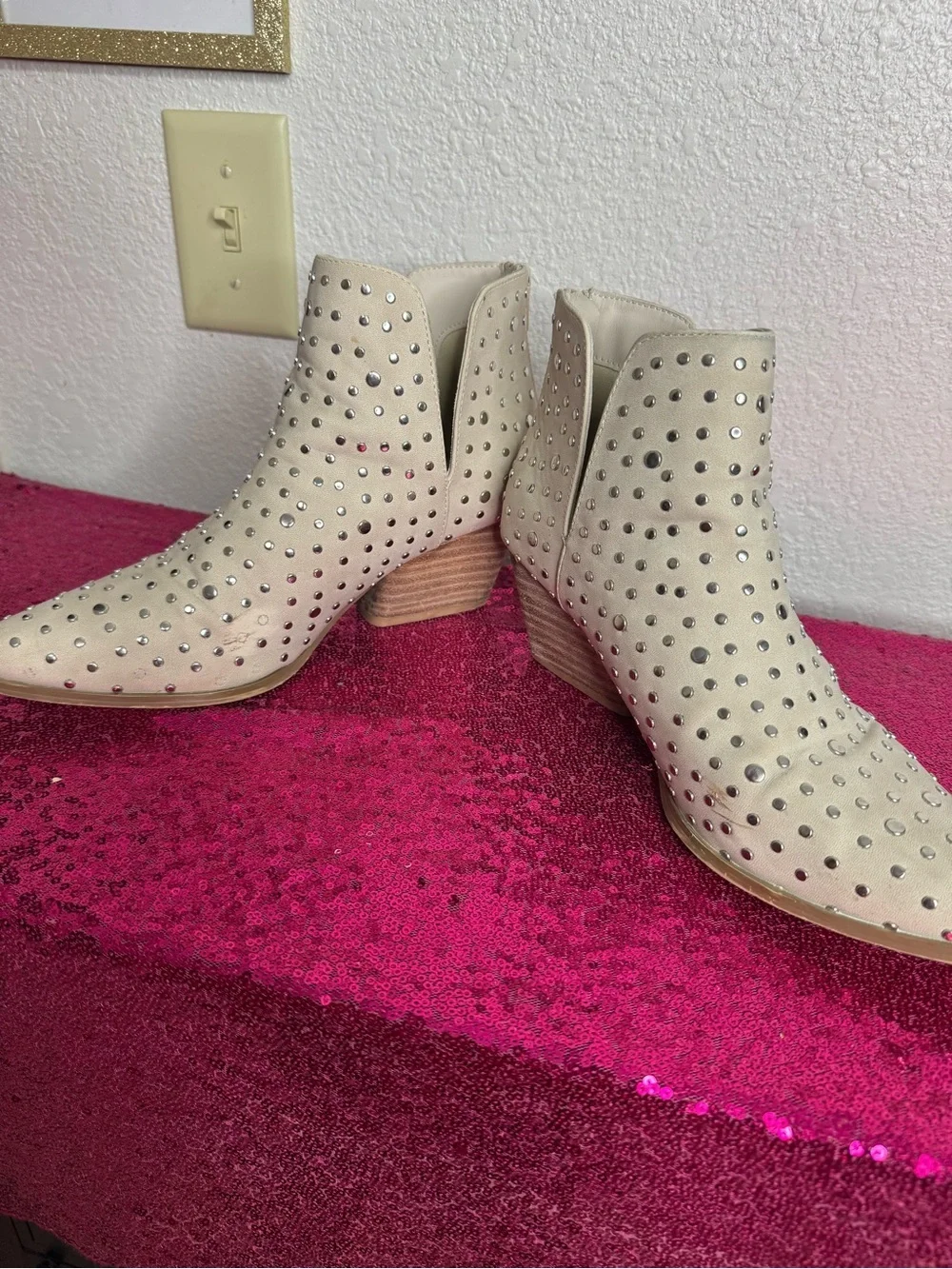 ALTAR’D STATE 🩶 Cowboy Ankle Booties- Silver Studded, Pointed Toe (Women’s 8.5)